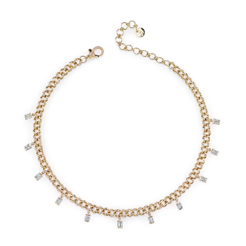 Luxury Gold Necklace-DIAMOND BAGUETTE DROP LINK NECKLACE