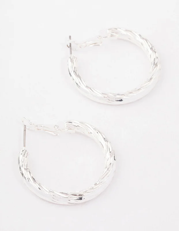 Funky Pearl Earrings-Silver Fine Line Textured Hoop Earrings