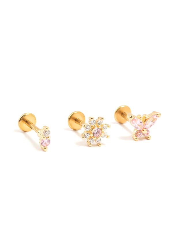 Diamond Drop Earrings-Gold Plated Surgical Steel Butterfly & Flower Flat Backs 3-Pack