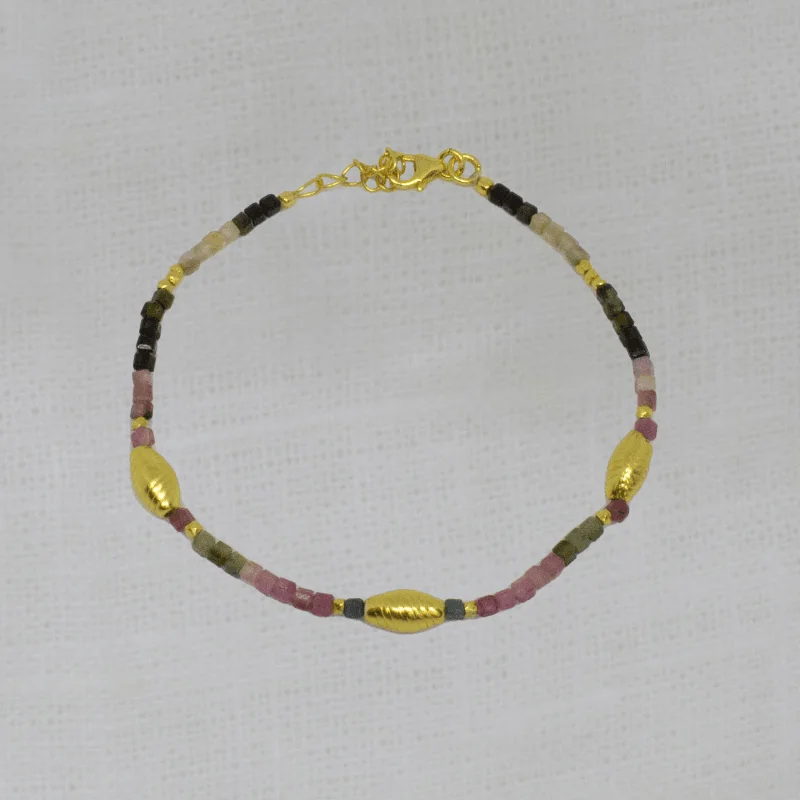 Adjustable Crystal Bracelet Set-Gold and Tourmaline Textured Bead Bracelet