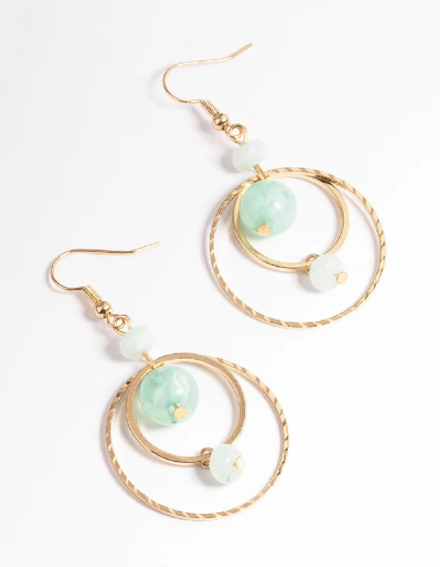 Boho Chic Earrings-Mint Open Circle & Bead Drop Earrings