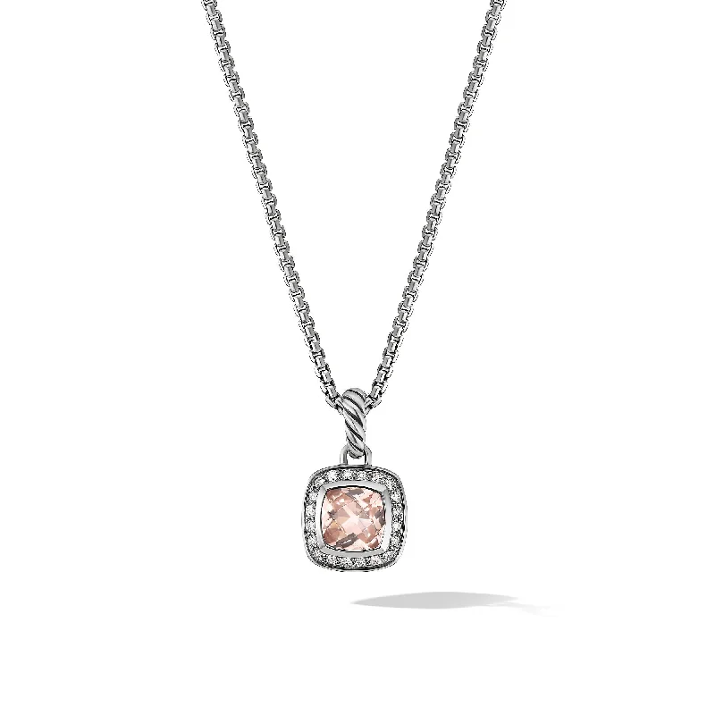 Rose Gold Pendant Necklace-Petite Albion® Pendant Necklace in Sterling Silver with Morganite and Diamonds\, 7mm