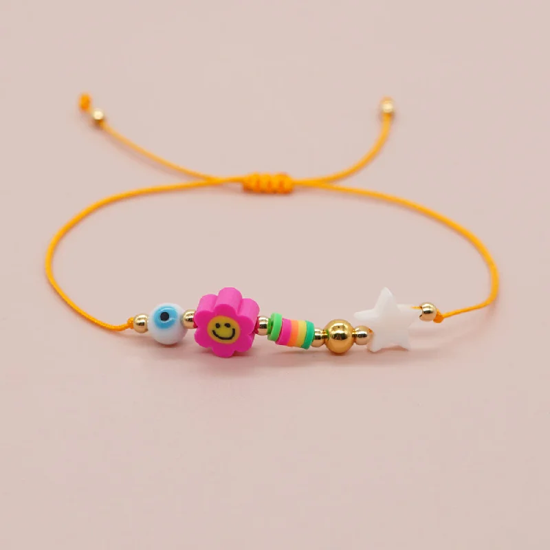 Colorful Charm Bracelet for Kids-Bohemian Pentagram Smiley Face Flower Glass Shell Soft Clay Beaded Handmade Women's Bracelets