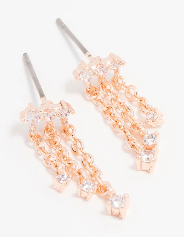 Diamond Stud Earrings-Rose Gold Plated Cubic Zirconia Chain Trio Drop Earrings