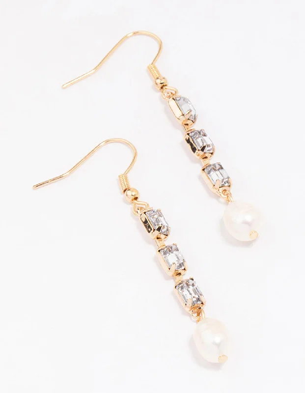 Simple Stud Earrings for Girls-Gold Cupchain Pearl Crystal Drop Earrings