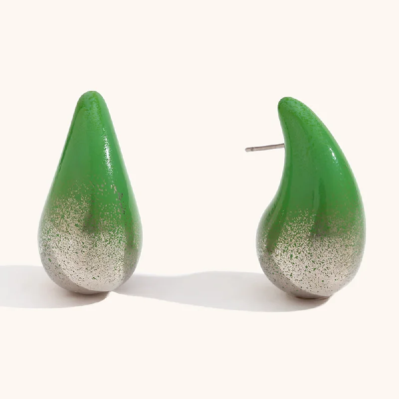 Paint Painting Water Drop Earrings-Silver Green