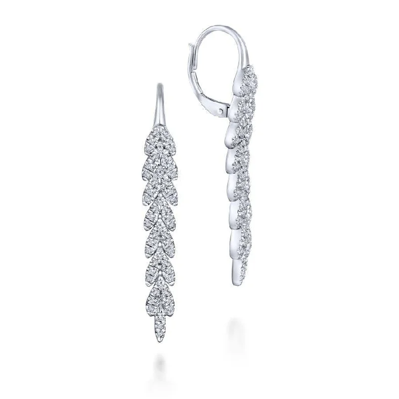 Colorful Gemstone Hoop Earrings-14K White Gold Elongated Vertical Diamond Branch Drop Earrings