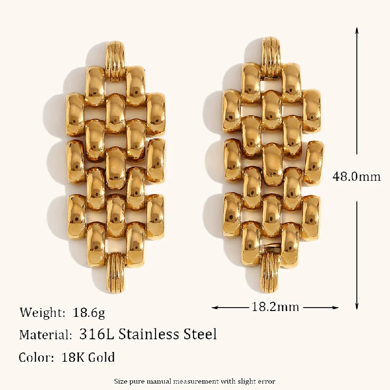 Bohemian Diamond Cast Stitching Strap Chain Stud Earrings-Gold