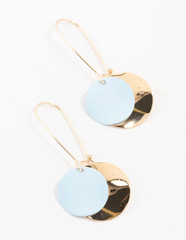 Unique Drop Earrings-Gold & Blue Long Hawker Double Disc Drop Earrings