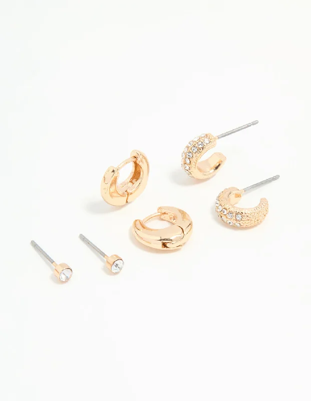 Clear Gemstone Earrings-Gold Diamante Stud & Huggie Earrings 3-Pack