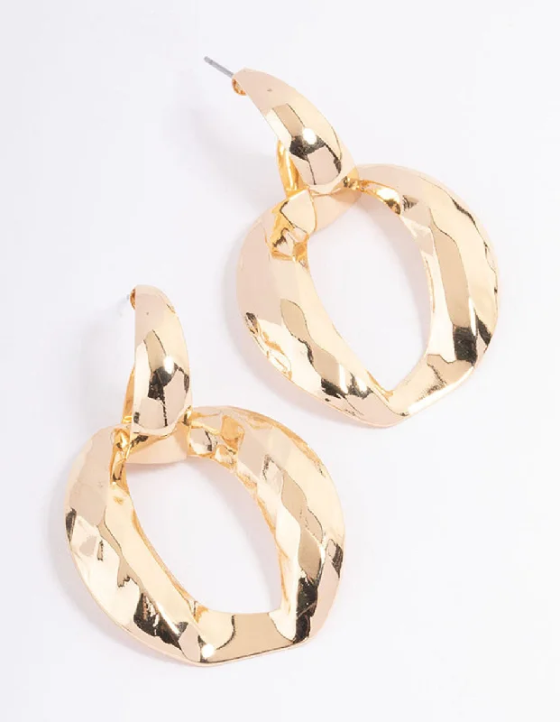 Gold Clip-On Earrings-Gold Hammered Knocker Drop Earrings