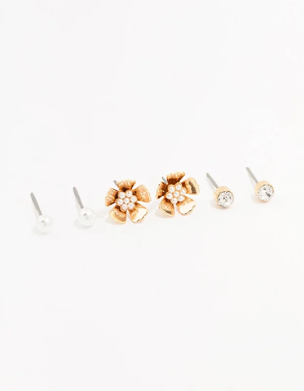 Colorful Hoop Earrings-Gold Pearl Flower Stud Earrings 3-Pack