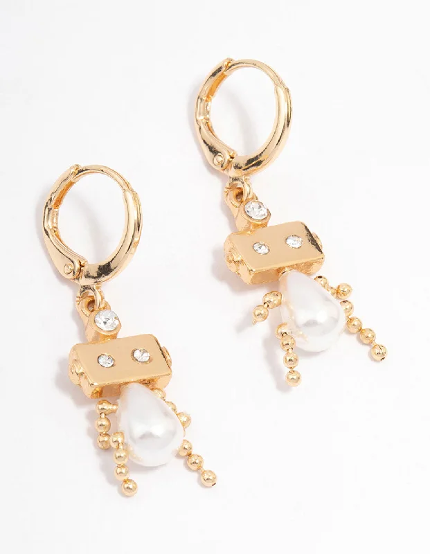 Hoop Earrings for Women-Gold Pearl Robot Huggie Hoop Earrings