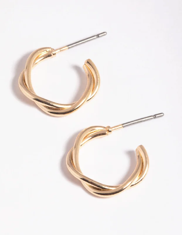 Custom Pearl Earrings-Gold Twisted Huggie Hoop Earrings