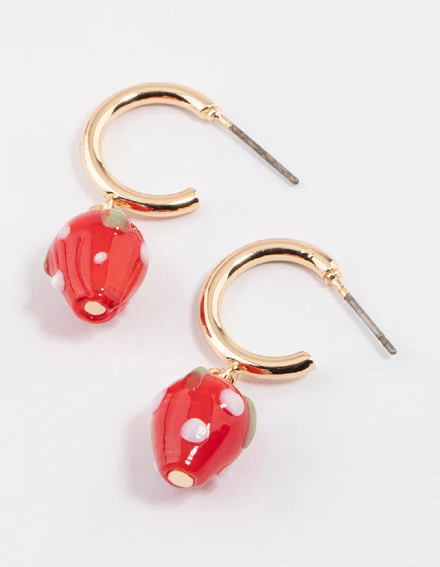 Diamond Drop Earrings-Red Mini Strawberry Huggie Earrings