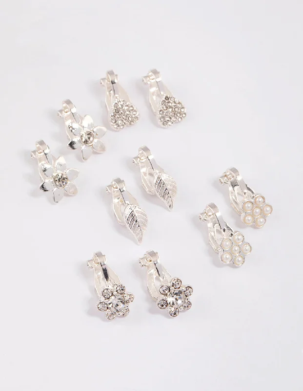 Wedding Dangle Earrings-Silver Paved Heart Flower Clip On Earrings 5-Pack