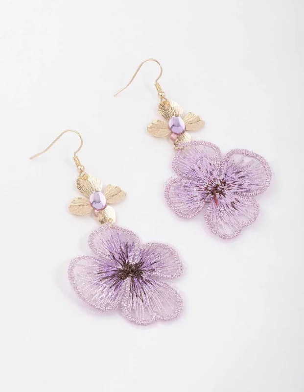 Silver Chandelier Earrings-Purple Multi Fabric Flower Drop Earrings