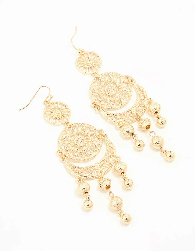 Fashion Bead Earrings-Gold Patterned Tassel Drop Earrings