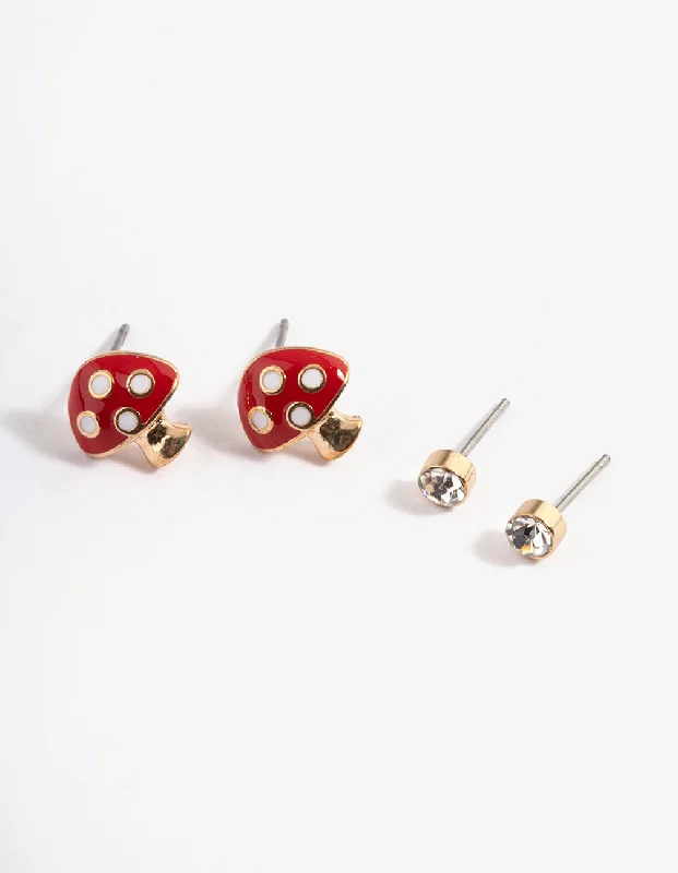 Fancy Drop Earrings-Gold Diamante & Mushroom Earrings Pack