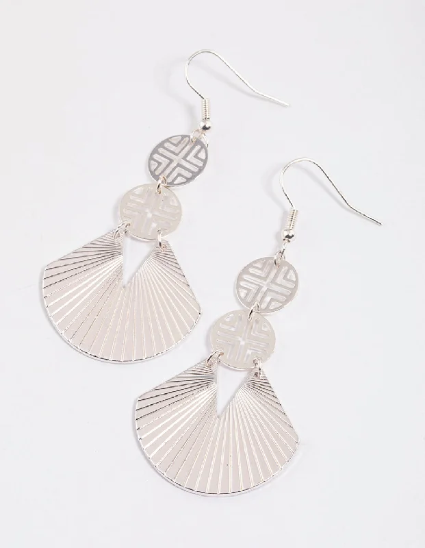 Modern Drop Earrings-Silver Geometric Disc Fan Drop Earrings