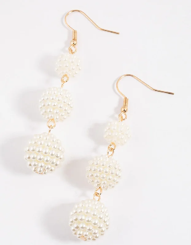 Gold and Pearl Earrings-Gold Pearl Fireball Drop Earrings