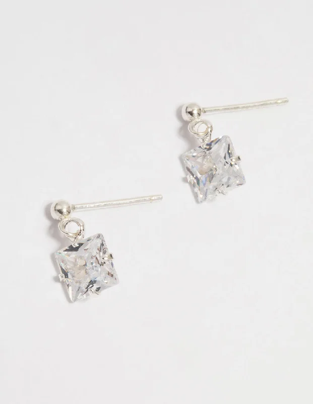 Fashion Hoop Earrings-Sterling Silver Cubic Zirconia Princess Doorknocker Stud Earrings