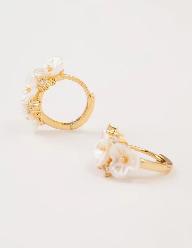 Colorful Crystal Earrings-Gold Plated Pearlised Flower Hoop Earrings