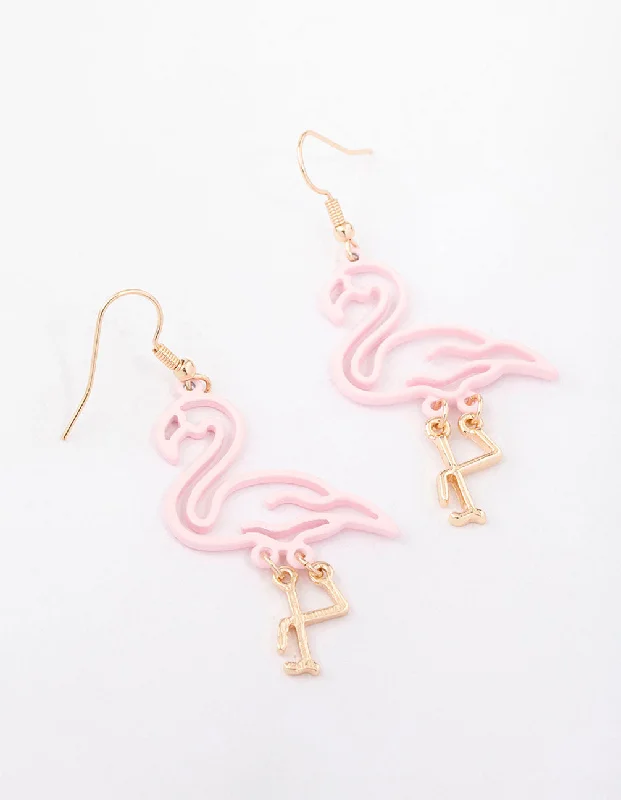 Turquoise Drop Earrings-Pink Cut Out Flamingo Drop Earrings