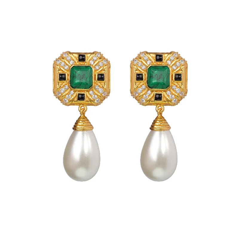 Luxury Wedding Earrings-Diana Earrings Malachite, Onyx, Swarovski & Pearl