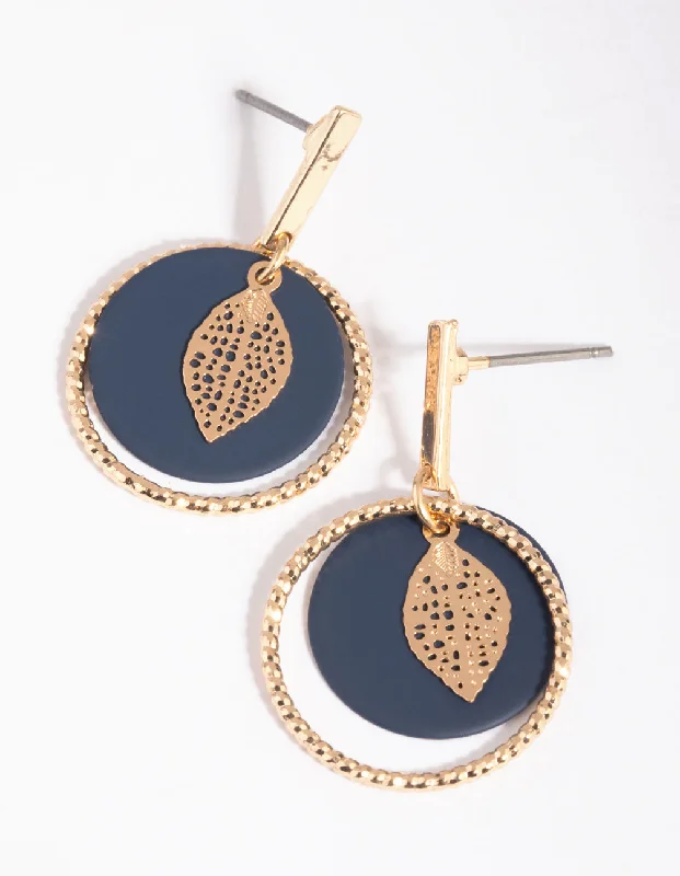 Pearl Hoop Earrings-Navy Leaf Drop Earrings