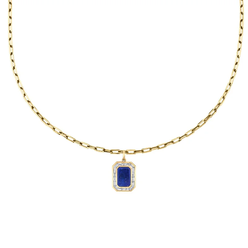 Long Silver Chain Necklace-LAPIS NAMEPLATE PENDANT NECKLACE