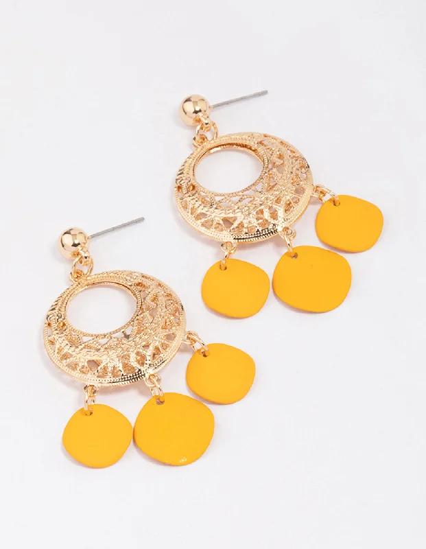 Big Gold Earrings-Gold Filigree Disc Drop Earrings