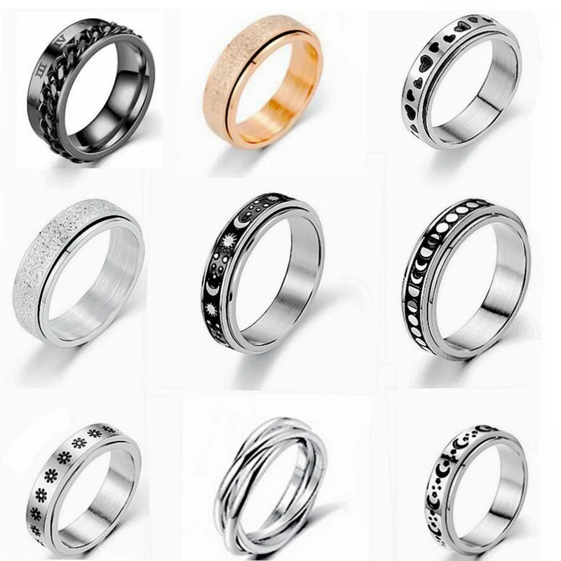 9 Pieces Rotating Combination Sets-Roman Chain Ring Black + Small Flower + Star and Moon + Three Rings Silver + Frosted Black + Frosted Rose + Sun and Moon XINGX + Moon + Love