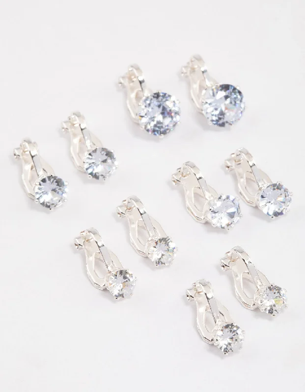 Gemstone Stud Earrings-Silver Graduating Diamante Clip On Earrings 5-Pack