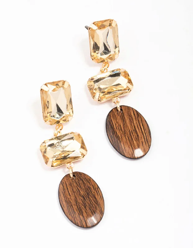 Beaded Earrings for Women-Gold Diamante Rectangle Wooden Drop Earrings