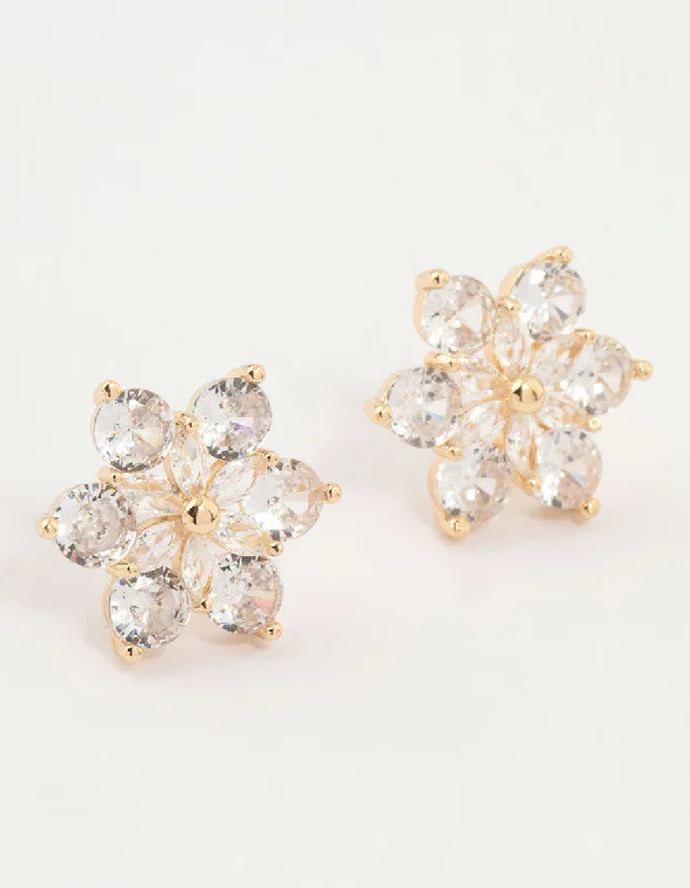 Casual Everyday Earrings-Gold Plated Cubic Zirconia Flower Stud Earrings