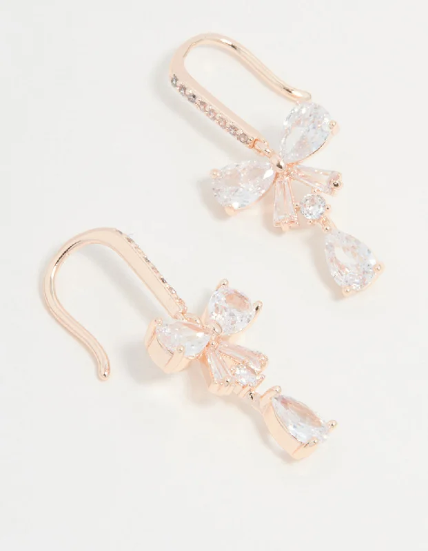 Double Hoop Earrings-Rose Gold Plated Cubic Zirconia Bow Drop Earrings