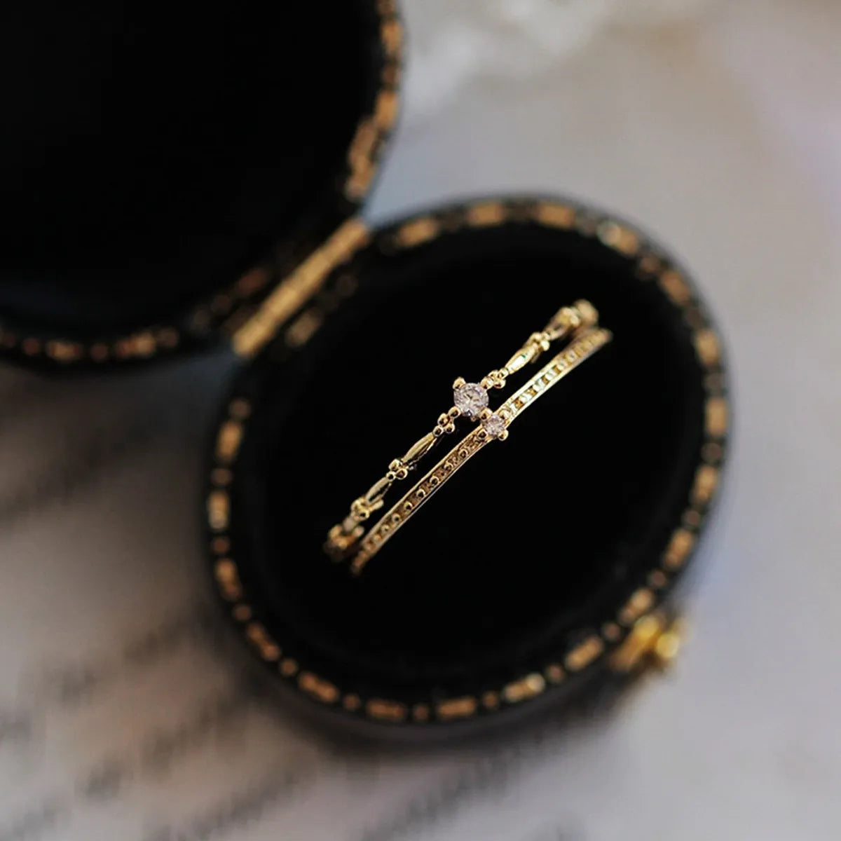 Gold Wedding Band Set with Diamonds-Retro Solid Color Sterling Silver Inlay Zircon Rings