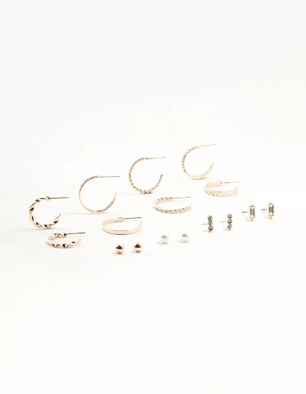 Rose Gold Drop Earrings-Rose Gold Diamante Pearl Hoop Earrings 8-Pack