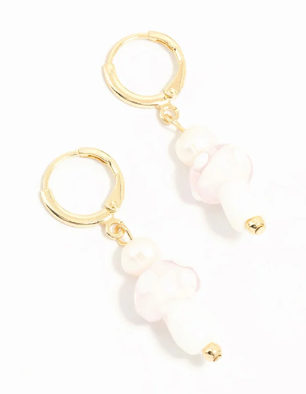 Butterfly Earrings for Girls-Gold Plated Pearl Beaded Mushroom Huggie Earrings