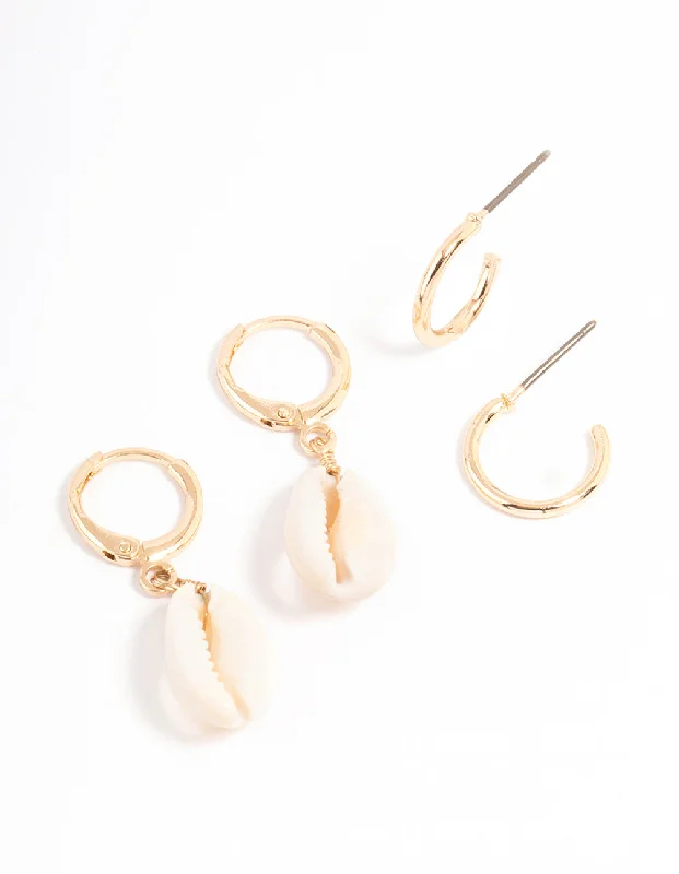 Gold Hoop Earrings for Women-Gold Cowrie Shell & Hoop Earrings Pack