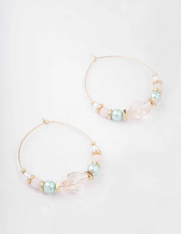 Art Deco Earrings-Gold Mixed Beaded & Pearl Hoop Earrings