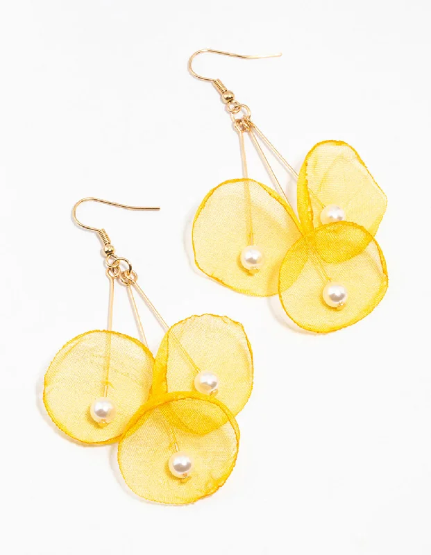 Long Gold Earrings-Yellow Gold Multiple Pears l Flower Drop Earrings