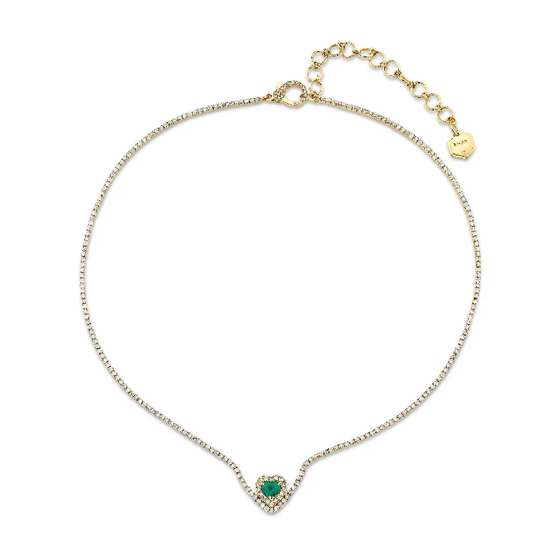 Classic Heart Necklace-EMERALD & DIAMOND FLOATING HEART PAVE THREAD NECKLACE