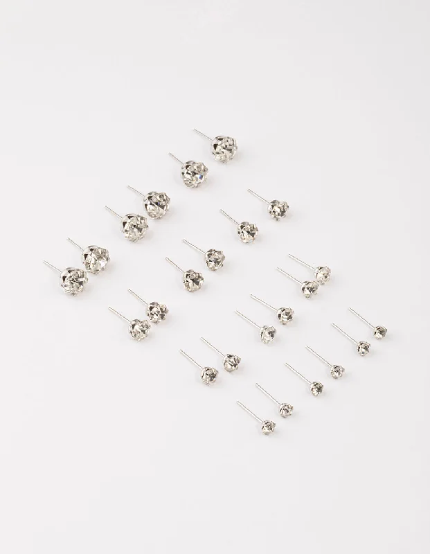 Luxury Diamond Earrings-Silver Classic Diamante Graduating Earrings 8-Pack