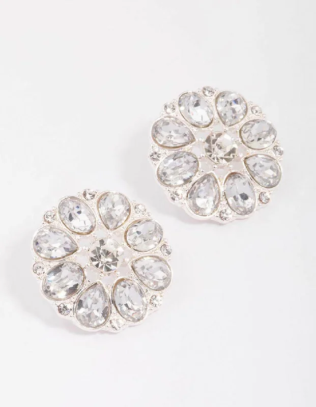 Large Crystal Earrings-Silver Flower Diamante Encrusted Stud Earrings