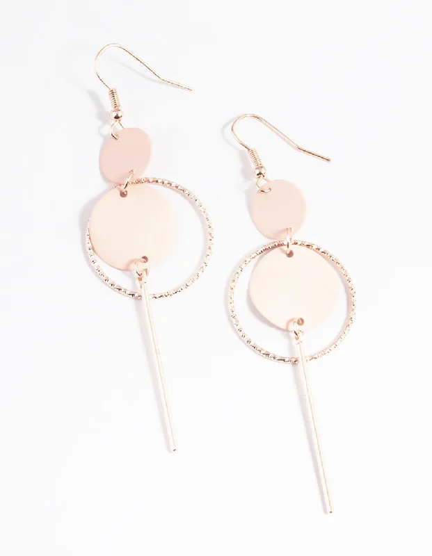 Elegant Pearl Drop Earrings-Rose Gold Open Disc & Stick Drop Earrings