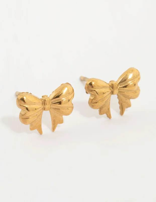 Gold Bead Earrings-Waterproof Gold Plated Stainless Steel Bow Stud Earrings