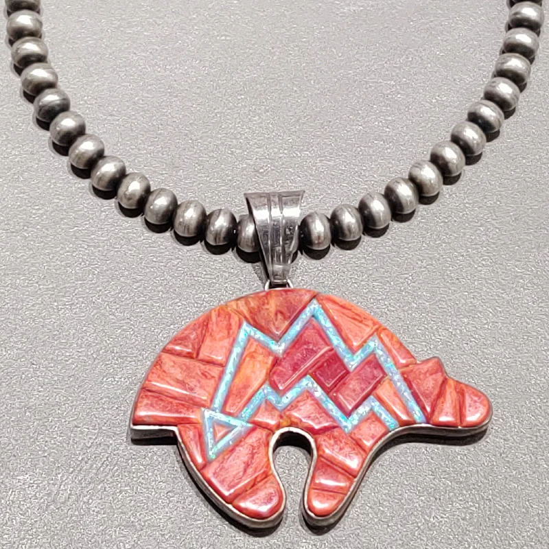 Pearl Chain Pendant Necklace-Melvin Francis Navajo Heart line Sterling Silver Bear Bead Necklace Handmade Native American