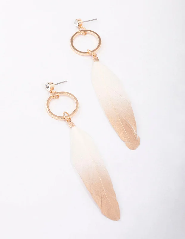 Blue Drop Earrings-Gold Diamante Ring Feather Drop Earrings